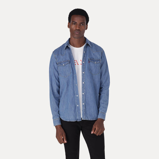 CLASSIC STANDARD FIT WESTERN SHIRT - MED INDIGO - WORN IN